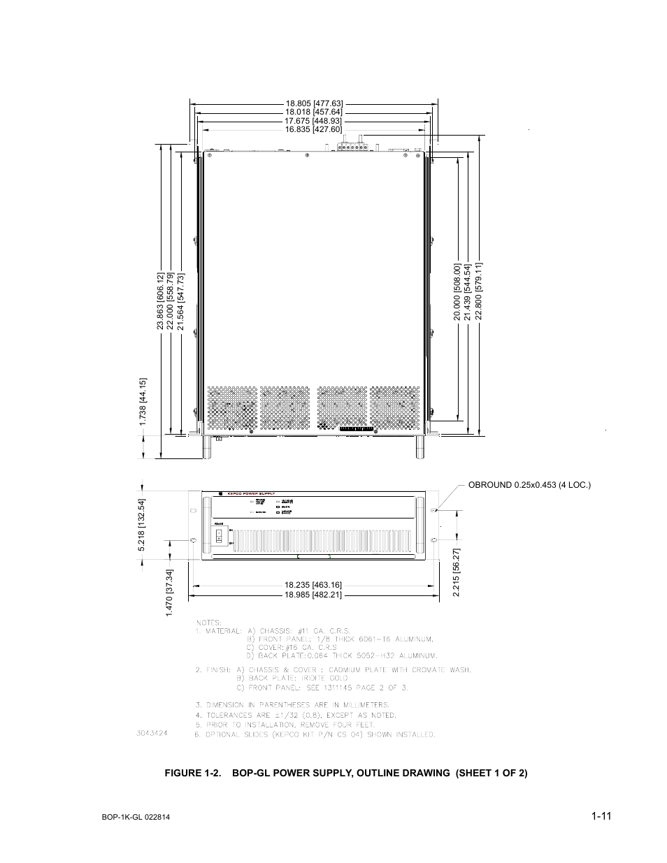 Figure 1-2. bop-gl power supply, outline drawing, Bop-gl power supply, outline drawing -11 | KEPCO BOP-GL 1KW Operator Manual Firmware Ver.3.05 and higher User Manual | Page 29 / 168