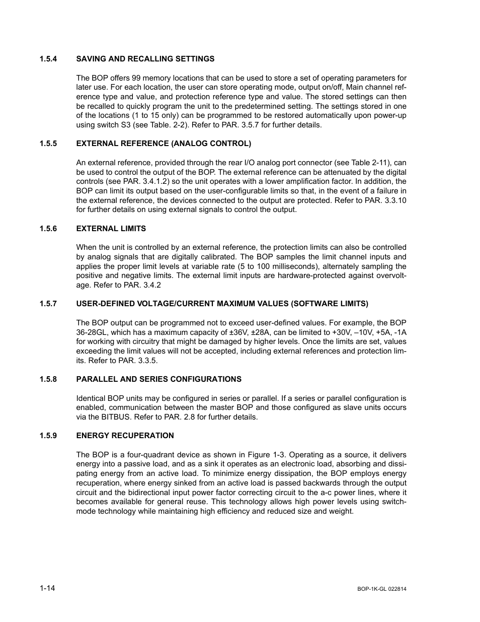 4 saving and recalling settings, 5 external reference (analog control), 6 external limits | 8 parallel and series configurations, 9 energy recuperation, Saving and recalling settings -14, External reference (analog control) -14, External limits -14, Parallel and series configurations -14, Energy recuperation -14 | KEPCO BOP-GL 1KW Operator Manual Firmware Ver.3.05 and higher User Manual | Page 32 / 168