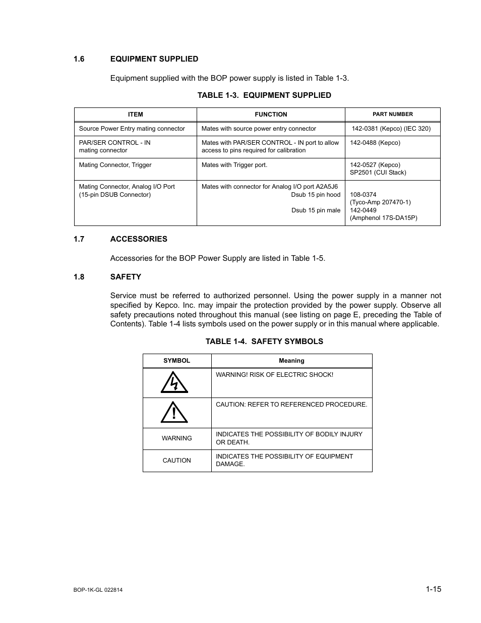 6 equipment supplied, Table 1-3. equipment supplied, 7 accessories | 8 safety, Table 1-4. safety symbols, Equipment supplied -15, Accessories -15, Safety -15, Safety symbols -15 | KEPCO BOP-GL 1KW Operator Manual Firmware Ver.3.05 and higher User Manual | Page 33 / 168