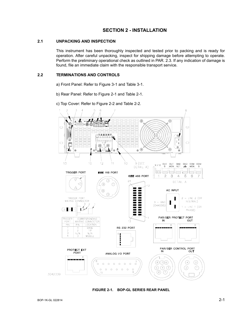 Section 2 - installation, 1 unpacking and inspection, 2 terminations and controls | Figure 2-1. bop-gl series rear panel, Unpacking and inspection -1, Terminations and controls -1, Bop-gl series rear panel -1, 1, t | KEPCO BOP-GL 1KW Operator Manual Firmware Ver.3.05 and higher User Manual | Page 37 / 168