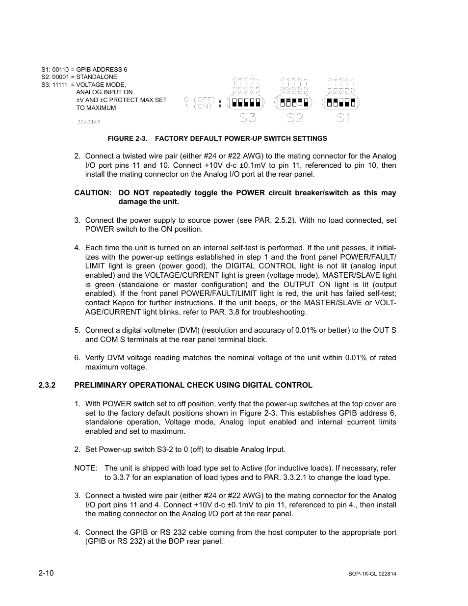 Caution, Damage the unit, Factory default power-up switch settings -10 | E 2-3. thi | KEPCO BOP-GL 1KW Operator Manual Firmware Ver.3.05 and higher User Manual | Page 46 / 168