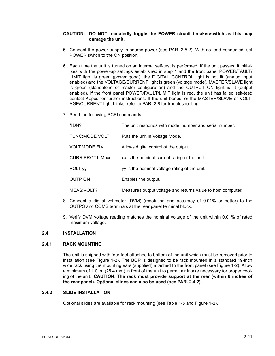 4 installation, 1 rack mounting, 2 slide installation | Caution, Damage the unit, Installation -11, Rack mounting -11, Slide installation -11 | KEPCO BOP-GL 1KW Operator Manual Firmware Ver.3.05 and higher User Manual | Page 47 / 168