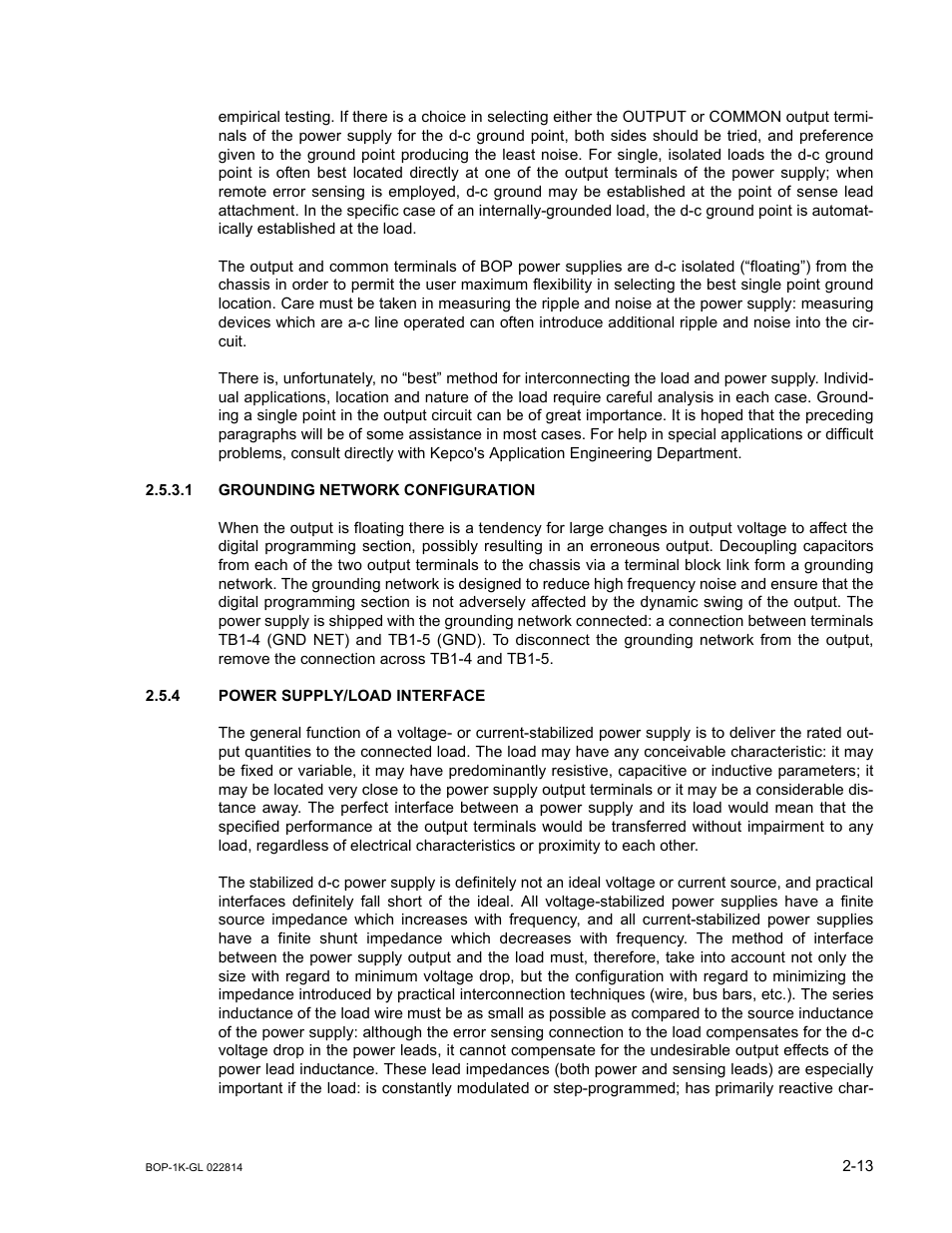 1 grounding network configuration, 4 power supply/load interface, Grounding network configuration -13 | Power supply/load interface -13 | KEPCO BOP-GL 1KW Operator Manual Firmware Ver.3.05 and higher User Manual | Page 49 / 168