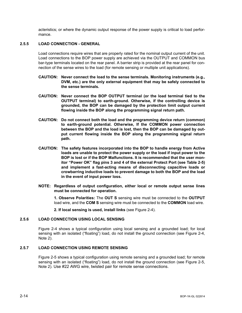 5 load connection - general, 6 load connection using local sensing, 7 load connection using remote sensing | Caution, Nected to the sense terminals, Ming signal return path, Load connection - general -14, Load connection using local sensing -14, Load connection using remote sensing -14 | KEPCO BOP-GL 1KW Operator Manual Firmware Ver.3.05 and higher User Manual | Page 50 / 168