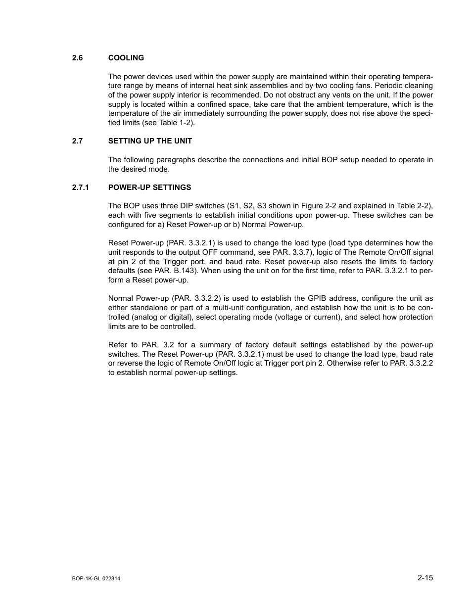 6 cooling, 7 setting up the unit, 1 power-up settings | Cooling -15, Setting up the unit -15, Power-up settings -15 | KEPCO BOP-GL 1KW Operator Manual Firmware Ver.3.05 and higher User Manual | Page 51 / 168