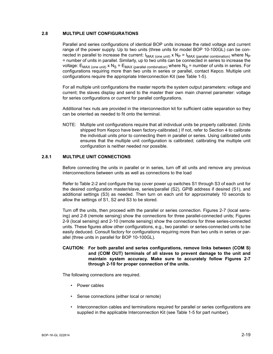 8 multiple unit configurations, 1 multiple unit connections, Caution | 7 through 2-10 for proper connection of the units, Multiple unit configurations -19, Multiple unit connections -19, R. 2.8 | KEPCO BOP-GL 1KW Operator Manual Firmware Ver.3.05 and higher User Manual | Page 55 / 168