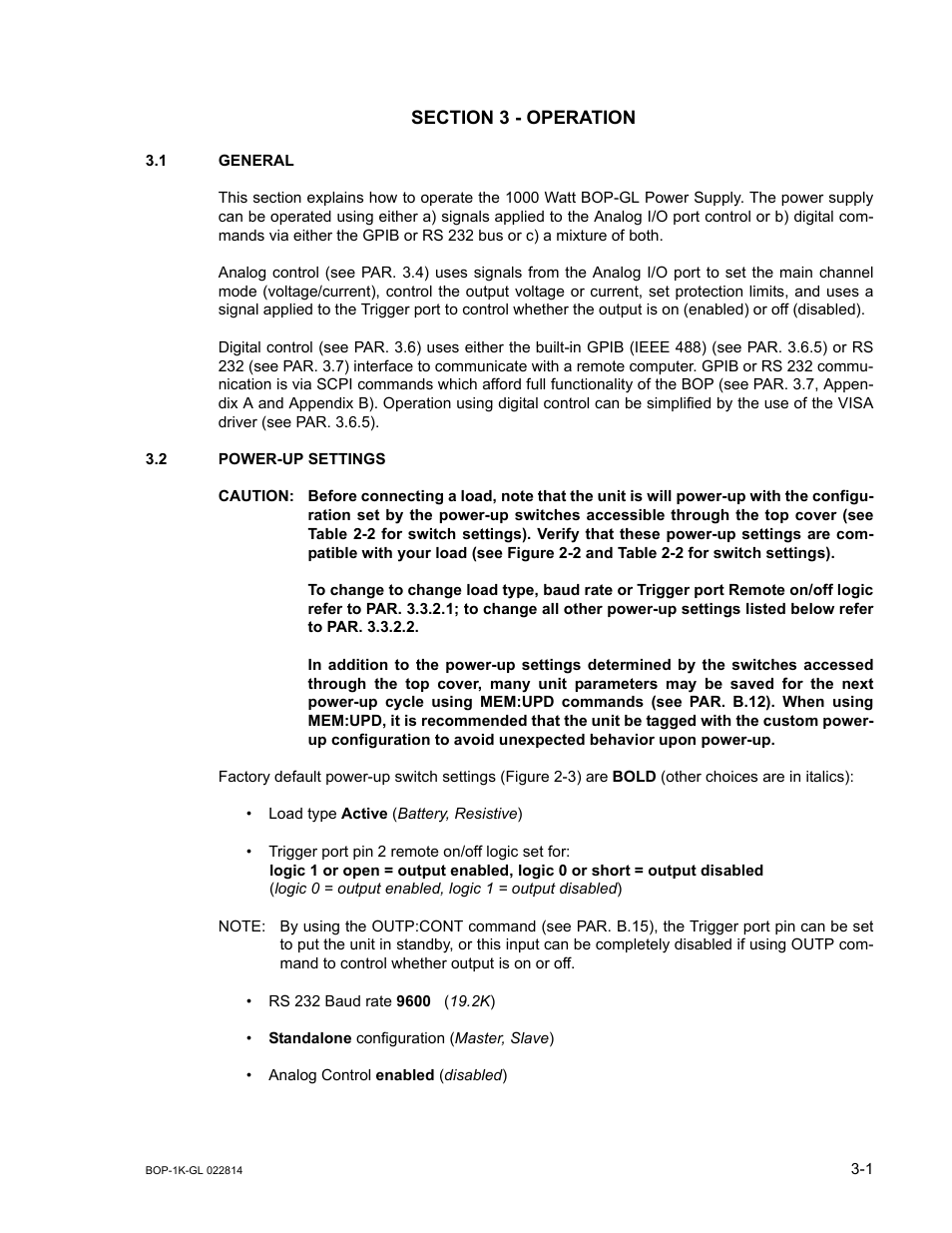 Section 3 - operation, 1 general, 2 power-up settings | Caution, Tings), Low refer to par. 3.3.2.2, General -1, Power-up settings -1, 2 for a summary | KEPCO BOP-GL 1KW Operator Manual Firmware Ver.3.05 and higher User Manual | Page 63 / 168