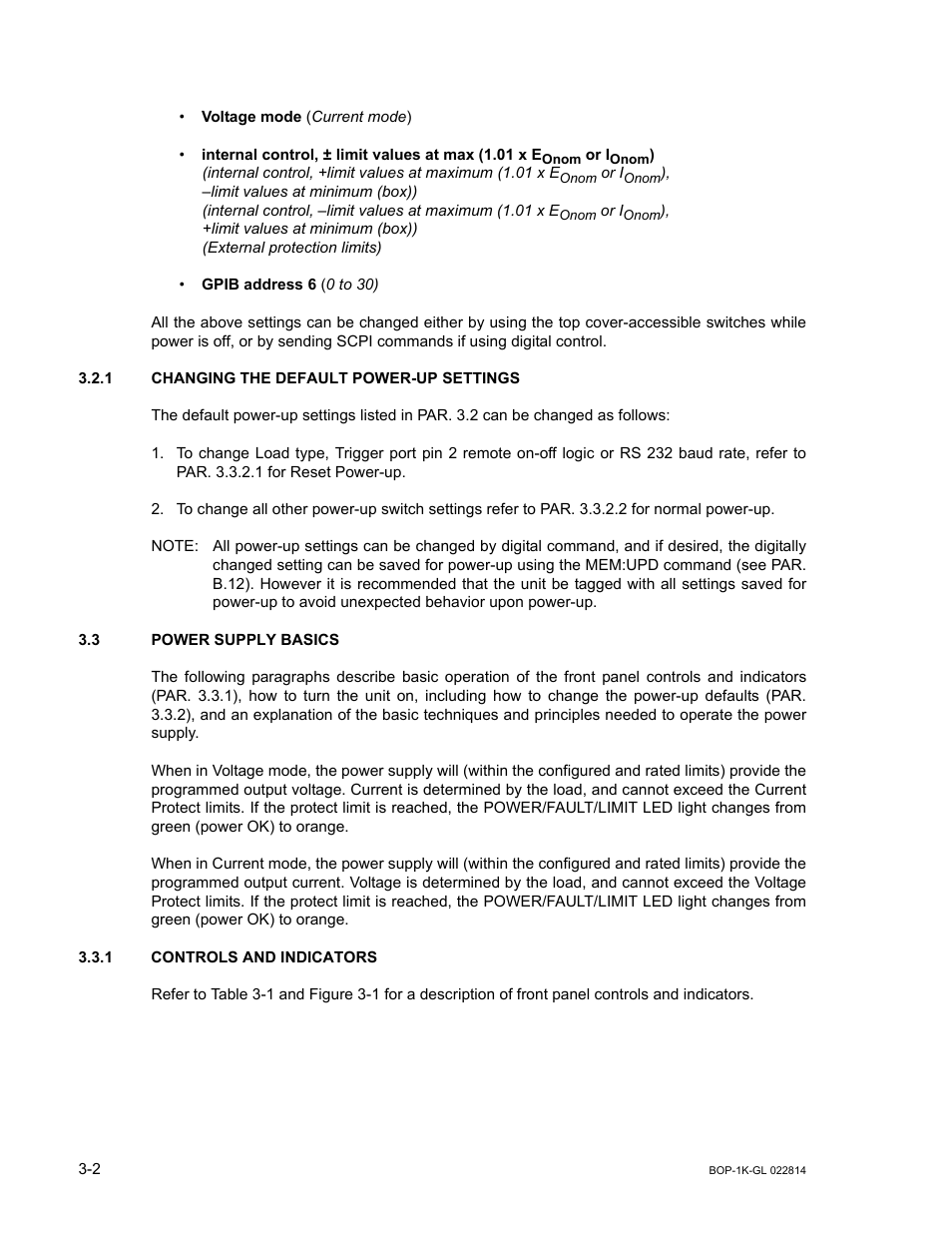 1 changing the default power-up settings, 3 power supply basics, 1 controls and indicators | Changing the default power-up settings -2, Power supply basics -2, Controls and indicators -2, R. 3.3 for, R. 3.3 power | KEPCO BOP-GL 1KW Operator Manual Firmware Ver.3.05 and higher User Manual | Page 64 / 168