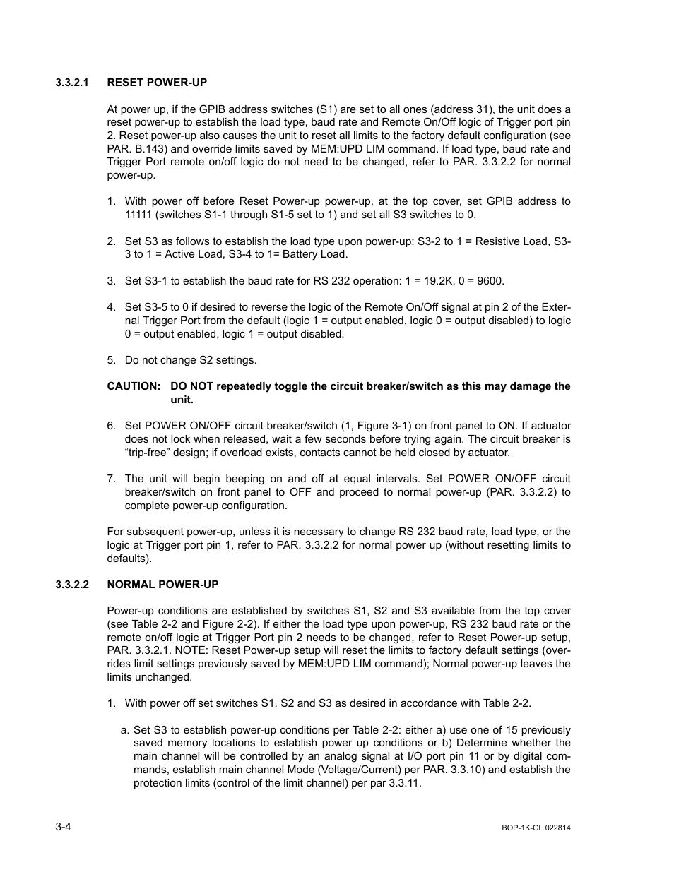 1 reset power-up, 2 normal power-up, Caution | The unit, Reset power-up -4, Normal power-up -4, R. 3.3.2.1), 2 for, R. 3.3.2.1 f, Versed (see 3.3.2.1 for det | KEPCO BOP-GL 1KW Operator Manual Firmware Ver.3.05 and higher User Manual | Page 66 / 168