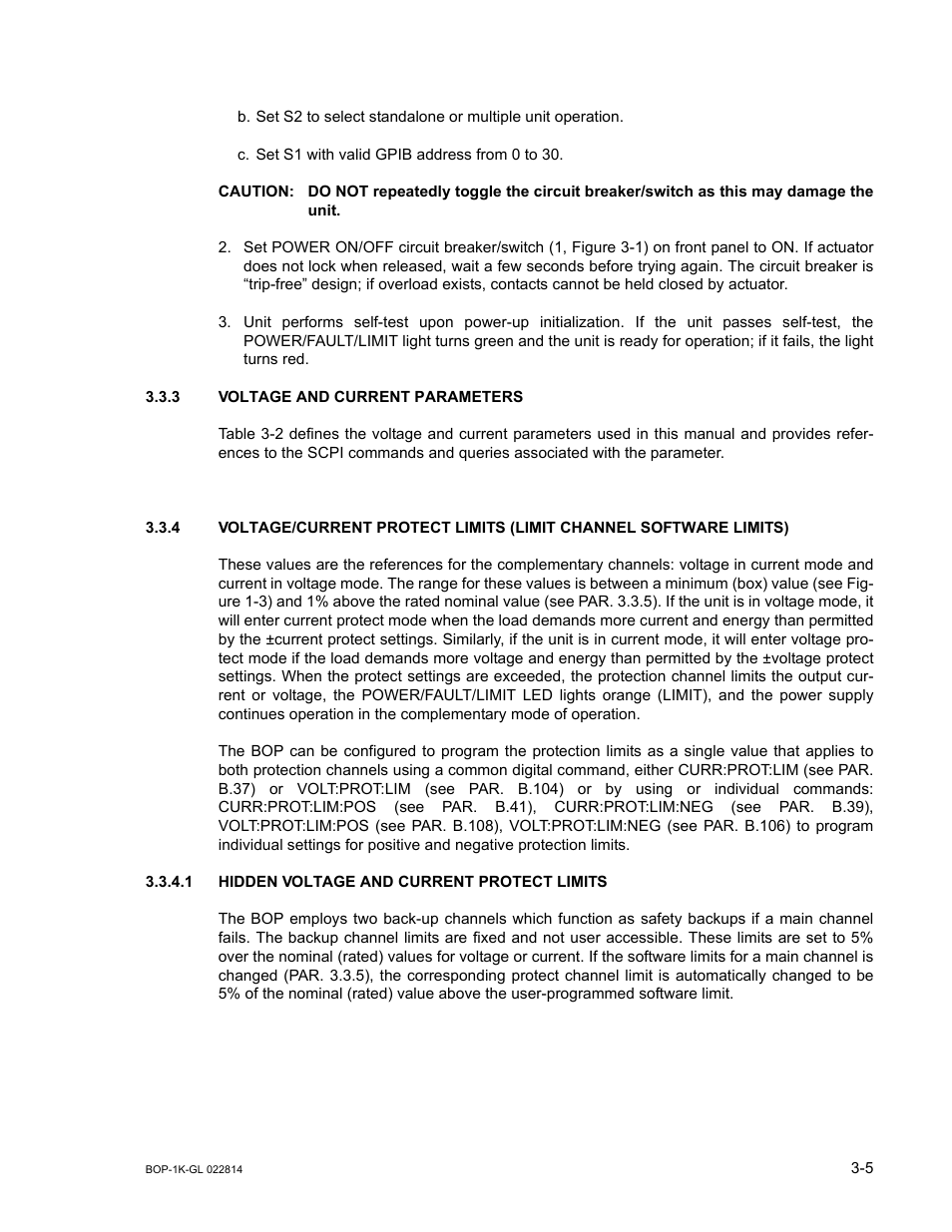 3 voltage and current parameters, 1 hidden voltage and current protect limits, Caution | The unit, Voltage and current parameters -5, Hidden voltage and current protect limits -5 | KEPCO BOP-GL 1KW Operator Manual Firmware Ver.3.05 and higher User Manual | Page 67 / 168