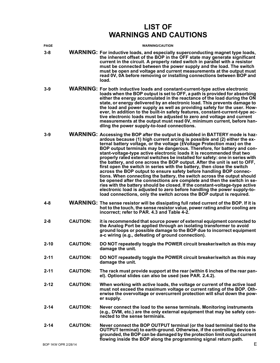 List of warnings and cautions | KEPCO BOP-GL 1KW Operator Manual Firmware Ver.3.05 and higher User Manual | Page 7 / 168