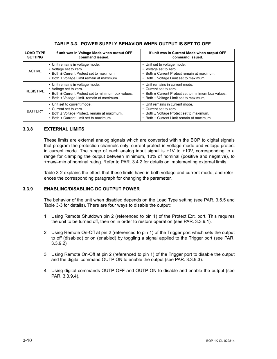 8 external limits, 9 enabling/disabling dc output power, External limits -10 | Enabling/disabling dc output power -10, Ble 3-3 ind | KEPCO BOP-GL 1KW Operator Manual Firmware Ver.3.05 and higher User Manual | Page 72 / 168