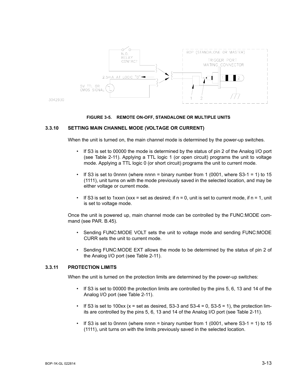 10 setting main channel mode (voltage or current), 11 protection limits, Setting main channel mode (voltage or current) -13 | Protection limits -13, Remote on-off, standalone or multiple units -13, Ure 3-5. for multiple | KEPCO BOP-GL 1KW Operator Manual Firmware Ver.3.05 and higher User Manual | Page 75 / 168