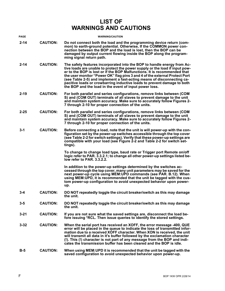 List of warnings and cautions | KEPCO BOP-GL 1KW Operator Manual Firmware Ver.3.05 and higher User Manual | Page 8 / 168