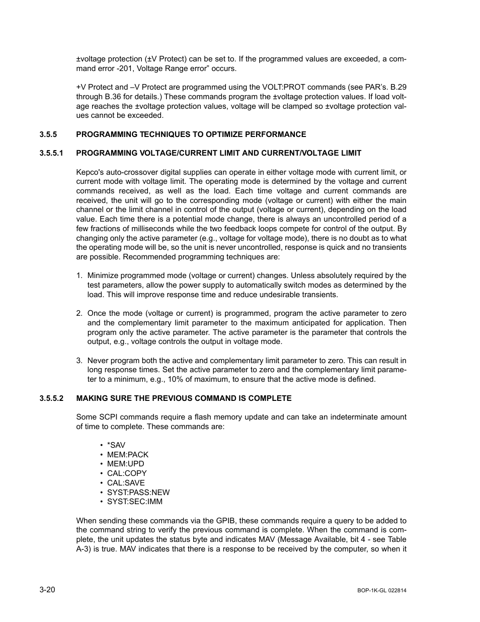 5 programming techniques to optimize performance, 2 making sure the previous command is complete, Programming techniques to optimize performance -20 | Making sure the previous command is complete -20, R. 3.5.5 an | KEPCO BOP-GL 1KW Operator Manual Firmware Ver.3.05 and higher User Manual | Page 82 / 168