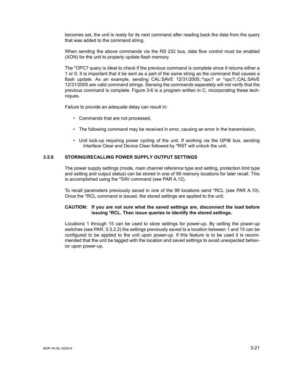 6 storing/recalling power supply output settings, Caution, Storing/recalling power supply output settings -21 | KEPCO BOP-GL 1KW Operator Manual Firmware Ver.3.05 and higher User Manual | Page 83 / 168