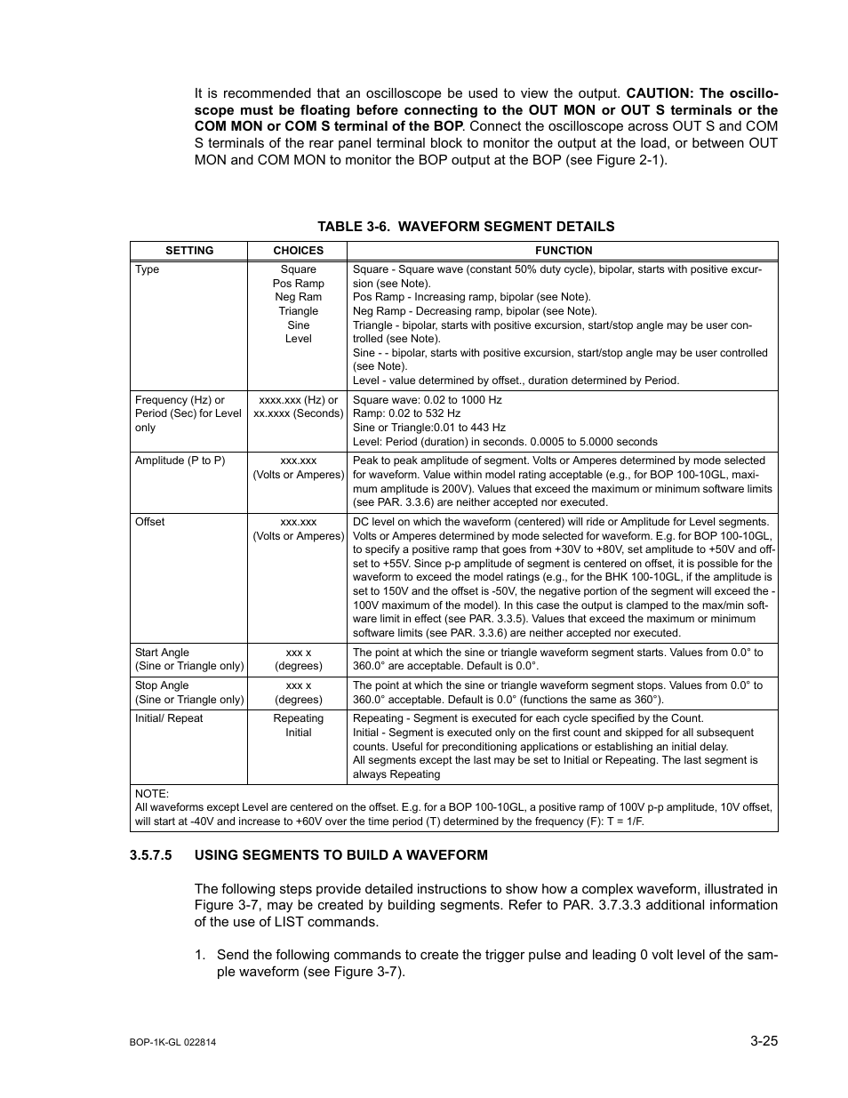 Table 3-6. waveform segment details, 5 using segments to build a waveform, Using segments to build a waveform -25 | Waveform segment details -25 | KEPCO BOP-GL 1KW Operator Manual Firmware Ver.3.05 and higher User Manual | Page 87 / 168