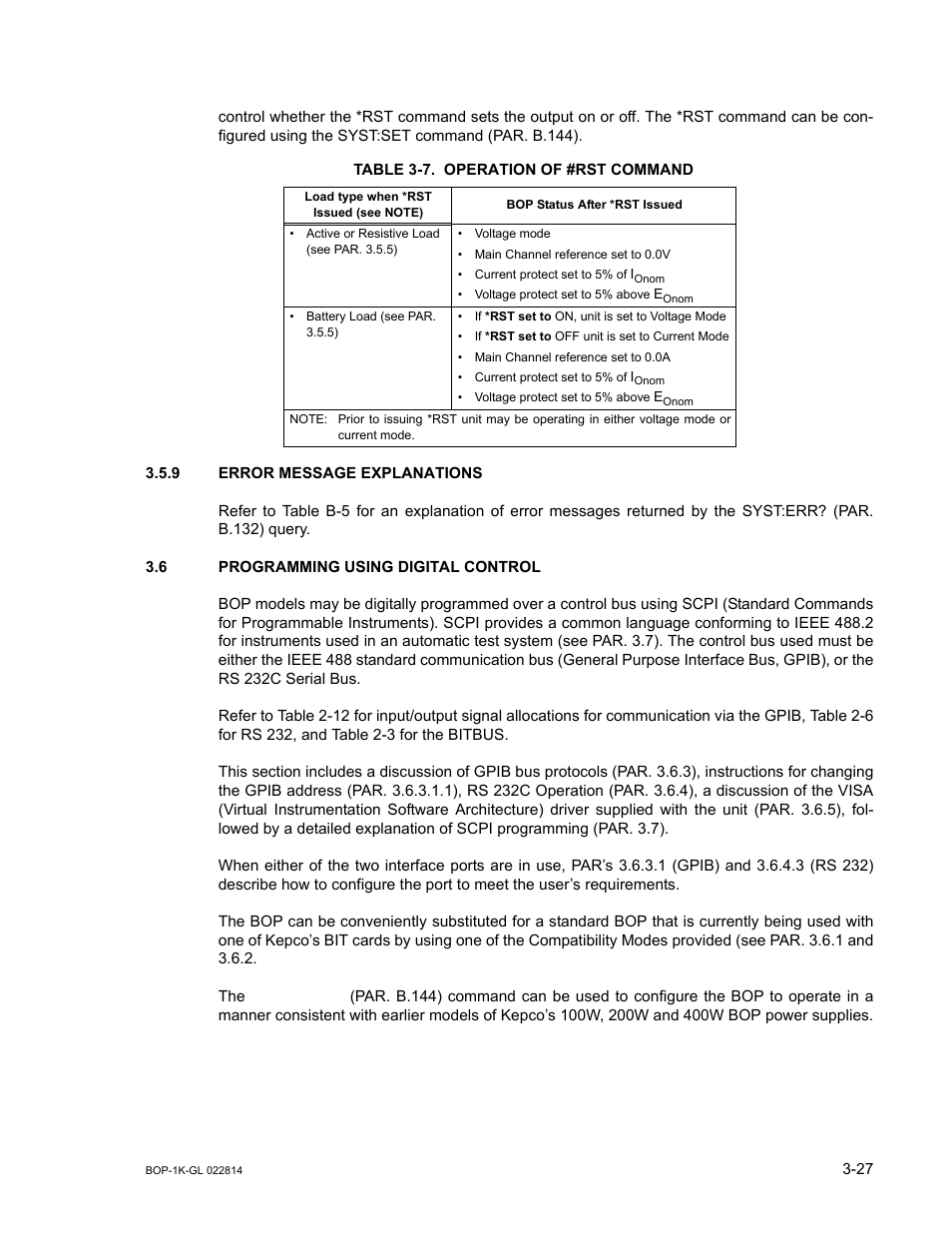 Table 3-7. operation of #rst command, 9 error message explanations, 6 programming using digital control | Error message explanations -27, Programming using digital control -27, Operation of #rst command -27, R. 3.6) | KEPCO BOP-GL 1KW Operator Manual Firmware Ver.3.05 and higher User Manual | Page 89 / 168