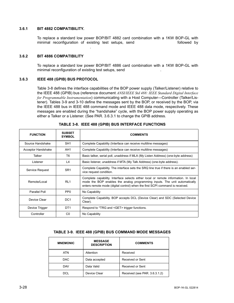 1 bit 4882 compatibility, 2 bit 4886 compatibility, 3 ieee 488 (gpib) bus protocol | Table 3-8. ieee 488 (gpib) bus interface functions, Bit 4882 compatibility -28, Bit 4886 compatibility -28, Ieee 488 (gpib) bus protocol -28, Ieee 488 (gpib) bus interface functions -28, Ieee 488 (gpib) bus command mode messages -28, Ar. 3.6.3 | KEPCO BOP-GL 1KW Operator Manual Firmware Ver.3.05 and higher User Manual | Page 90 / 168