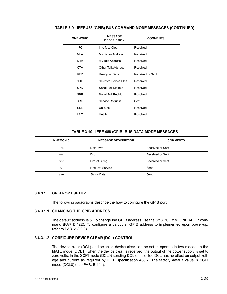 Table 3-10. ieee 488 (gpib) bus data mode messages, 1 gpib port setup, 1 changing the gpib address | 2 configure device clear (dcl) control, Gpib port setup -29, Changing the gpib address -29, Configure device clear (dcl) control -29, 10 ieee 488 (gpib) bus data mode messages -29, S 3.6.3.1 | KEPCO BOP-GL 1KW Operator Manual Firmware Ver.3.05 and higher User Manual | Page 91 / 168