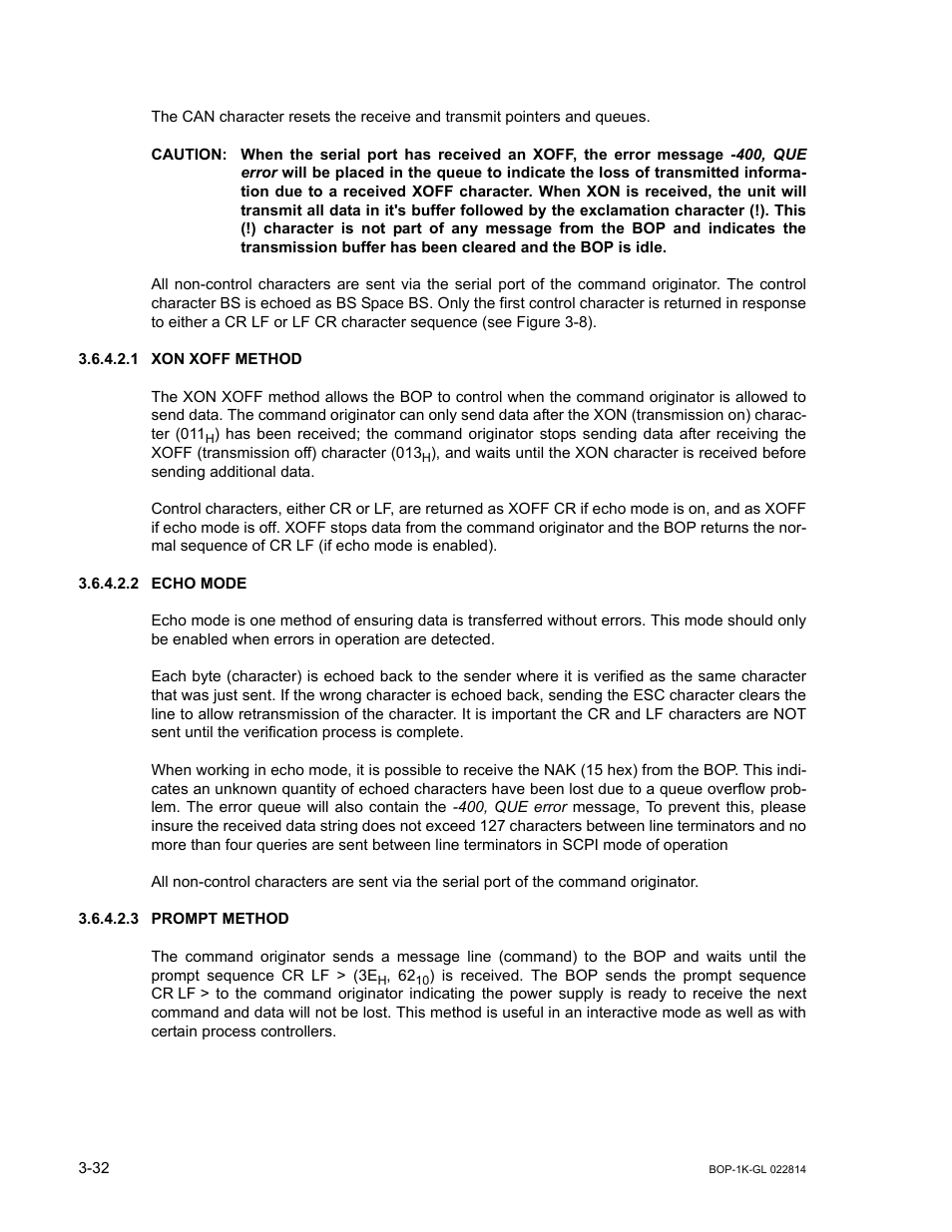 1 xon xoff method, 2 echo mode, 3 prompt method | Caution, Xon xoff method -32, Echo mode -32, Prompt method -32 | KEPCO BOP-GL 1KW Operator Manual Firmware Ver.3.05 and higher User Manual | Page 94 / 168