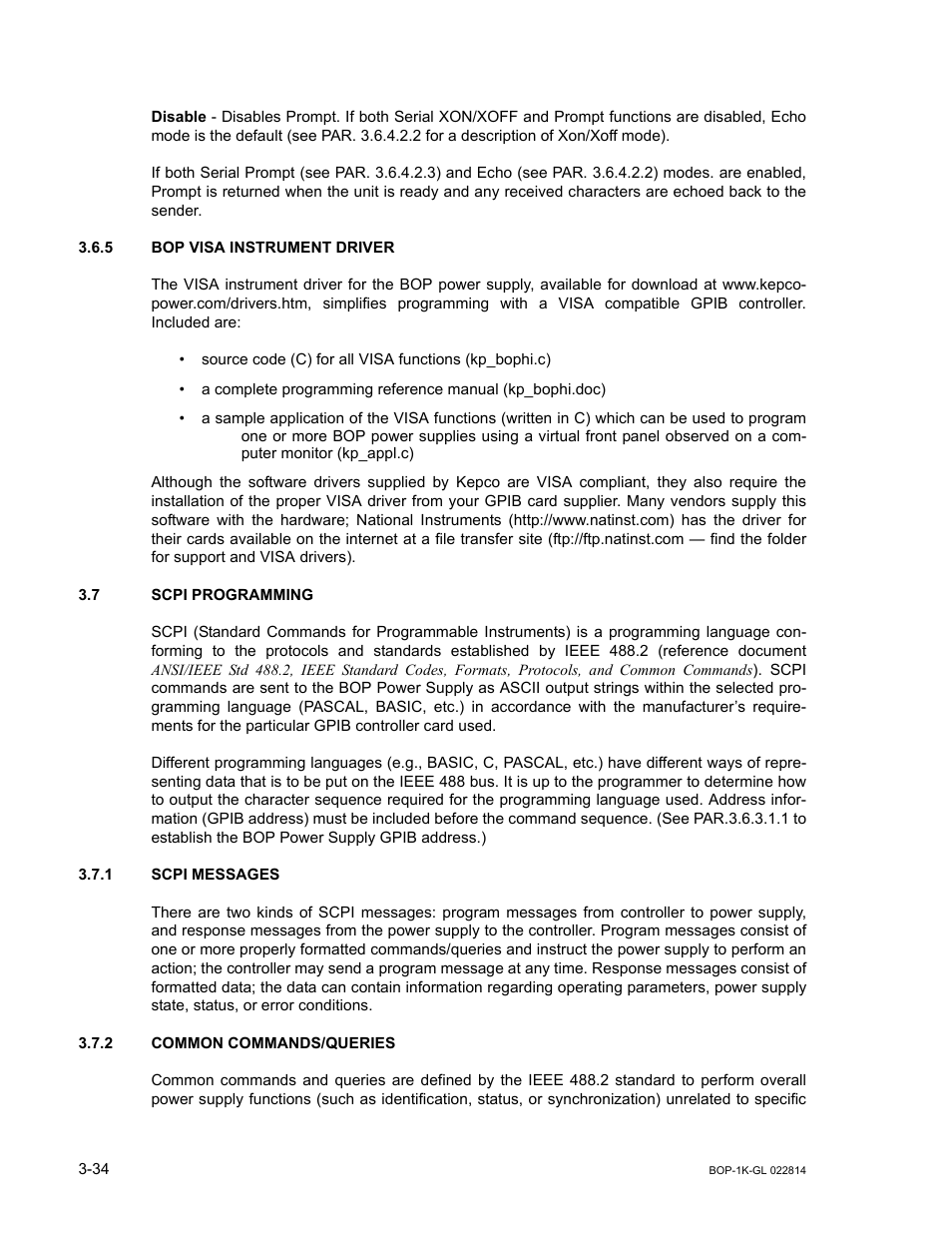 5 bop visa instrument driver, 7 scpi programming, 1 scpi messages | 2 common commands/queries, Bop visa instrument driver -34, Scpi programming -34, Scpi messages -34, Common commands/queries -34, R. 3.7, 7 for | KEPCO BOP-GL 1KW Operator Manual Firmware Ver.3.05 and higher User Manual | Page 96 / 168