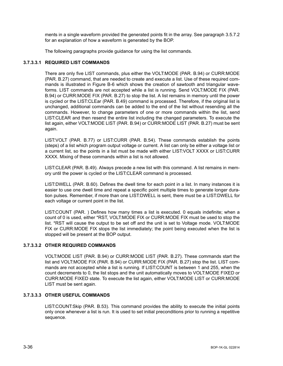 1 required list commands, 2 other required commands, 3 other useful commands | Required list commands -36, Other required commands -36, Other useful commands -36 | KEPCO BOP-GL 1KW Operator Manual Firmware Ver.3.05 and higher User Manual | Page 98 / 168