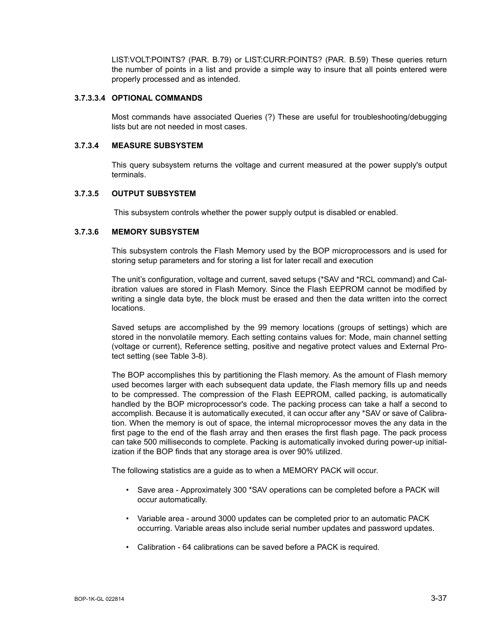 4 optional commands, 4 measure subsystem, 5 output subsystem | 6 memory subsystem, Optional commands -37, Measure subsystem -37, Output subsystem -37, Memory subsystem -37 | KEPCO BOP-GL 1KW Operator Manual Firmware Ver.3.05 and higher User Manual | Page 99 / 168