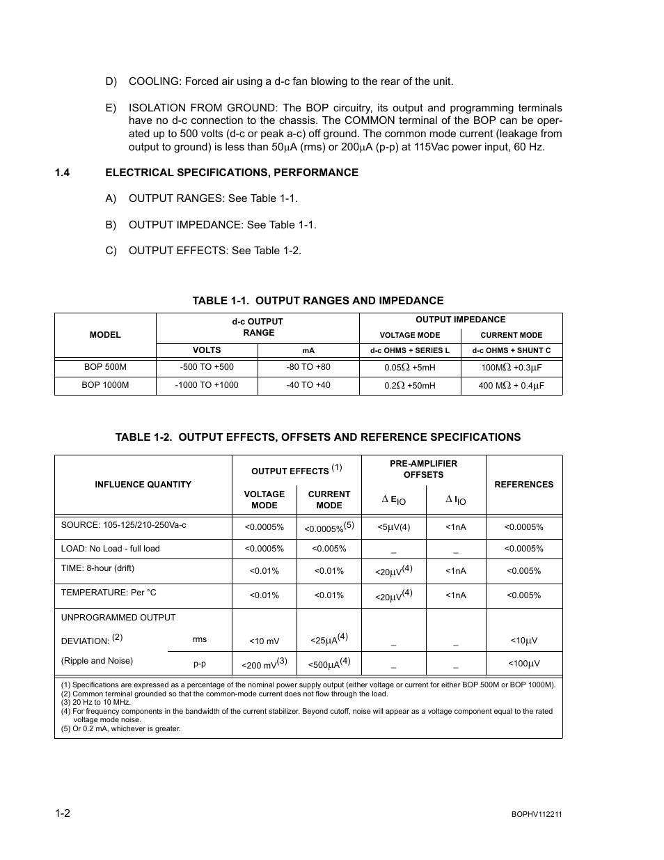 4 electrical specifications, performance, Table 1-1. output ranges and impedance, Electrical specifications, performance -2 | Output ranges and impedance -2 | KEPCO BOP-HV User Manual | Page 14 / 48