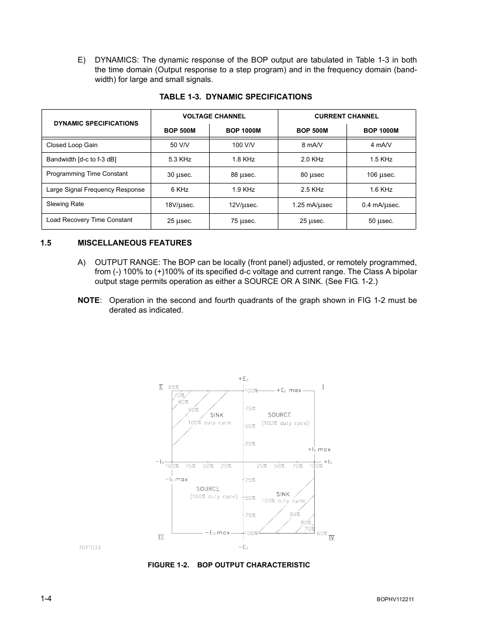 Table 1-3. dynamic specifications, 5 miscellaneous features, Figure 1-2. bop output characteristic | Miscellaneous features -4, Bop output characteristic -4, Dynamic specifications -4 | KEPCO BOP-HV User Manual | Page 16 / 48