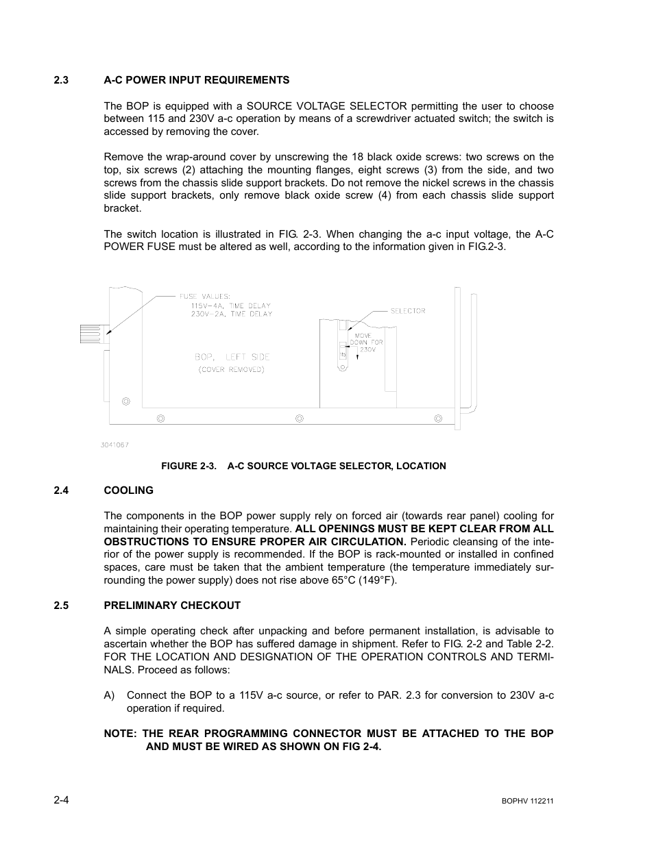 3 a-c power input requirements, Figure 2-3. a-c source voltage selector, location, 4 cooling | 5 preliminary checkout, A-c power input requirements -4, Cooling -4, Preliminary checkout -4, A-c source voltage selector, location -4, R. 2.5. if an | KEPCO BOP-HV User Manual | Page 24 / 48