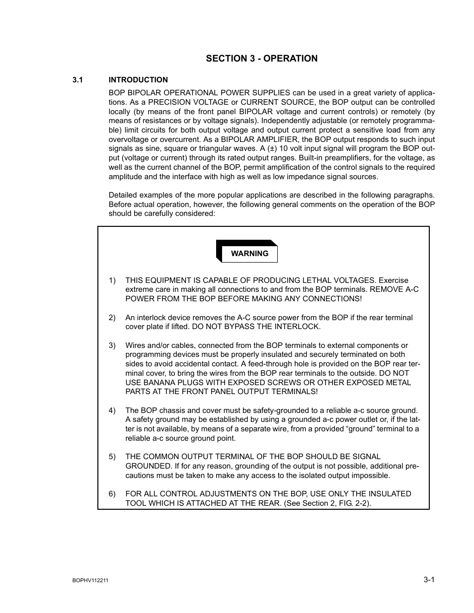 Section 3 - operation, 1 introduction, Introduction -1 | D in section 3 o, Ion 3 - fig, N 3 of th, Ion 3, On 3, pa, N 3, pa | KEPCO BOP-HV User Manual | Page 27 / 48