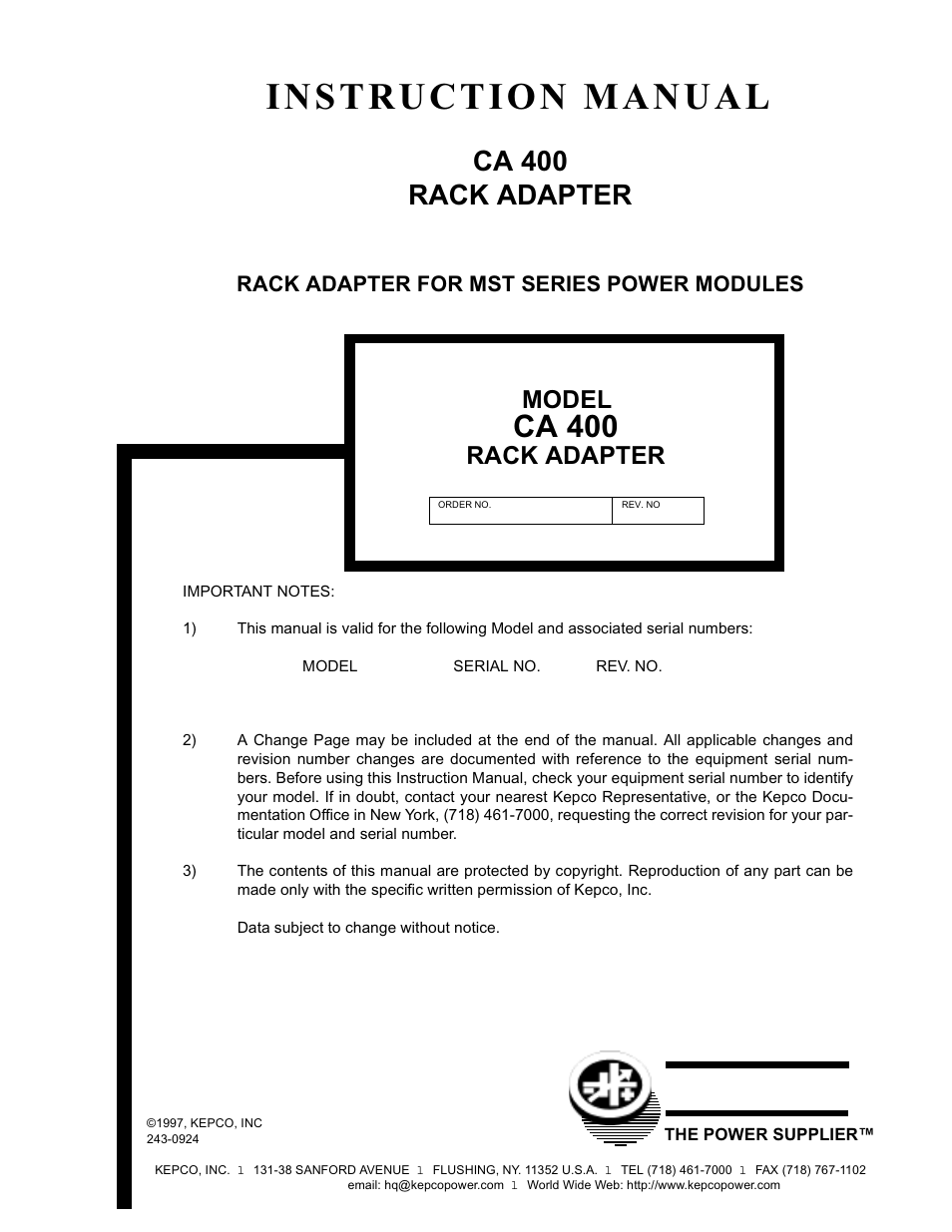 KEPCO CA 400 User Manual | 13 pages