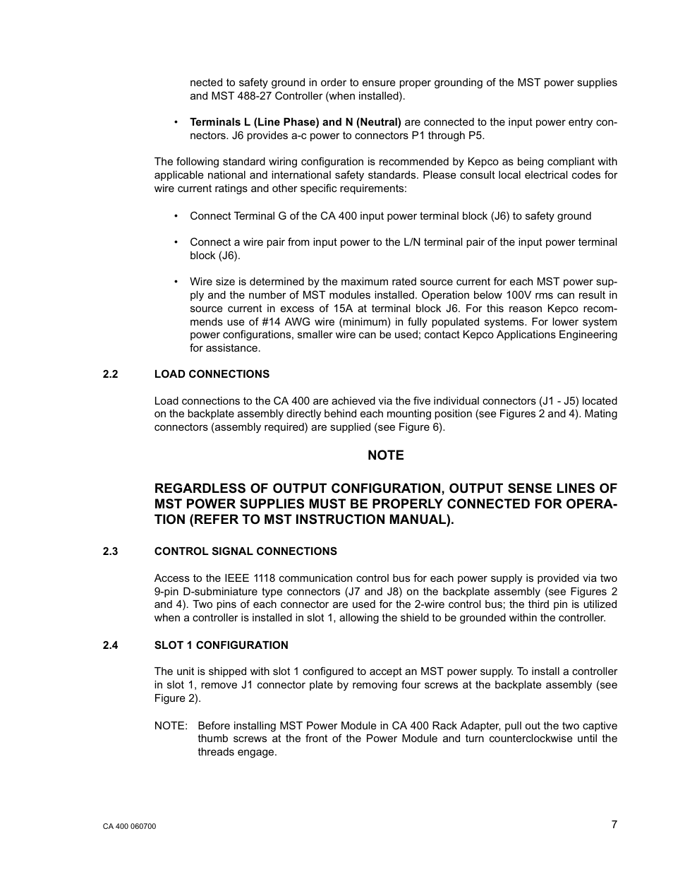 2 load connections, 3 control signal connections, 4 slot 1 configuration | Load connections, Control signal connections, Slot 1 configuration | KEPCO CA 400 User Manual | Page 12 / 13