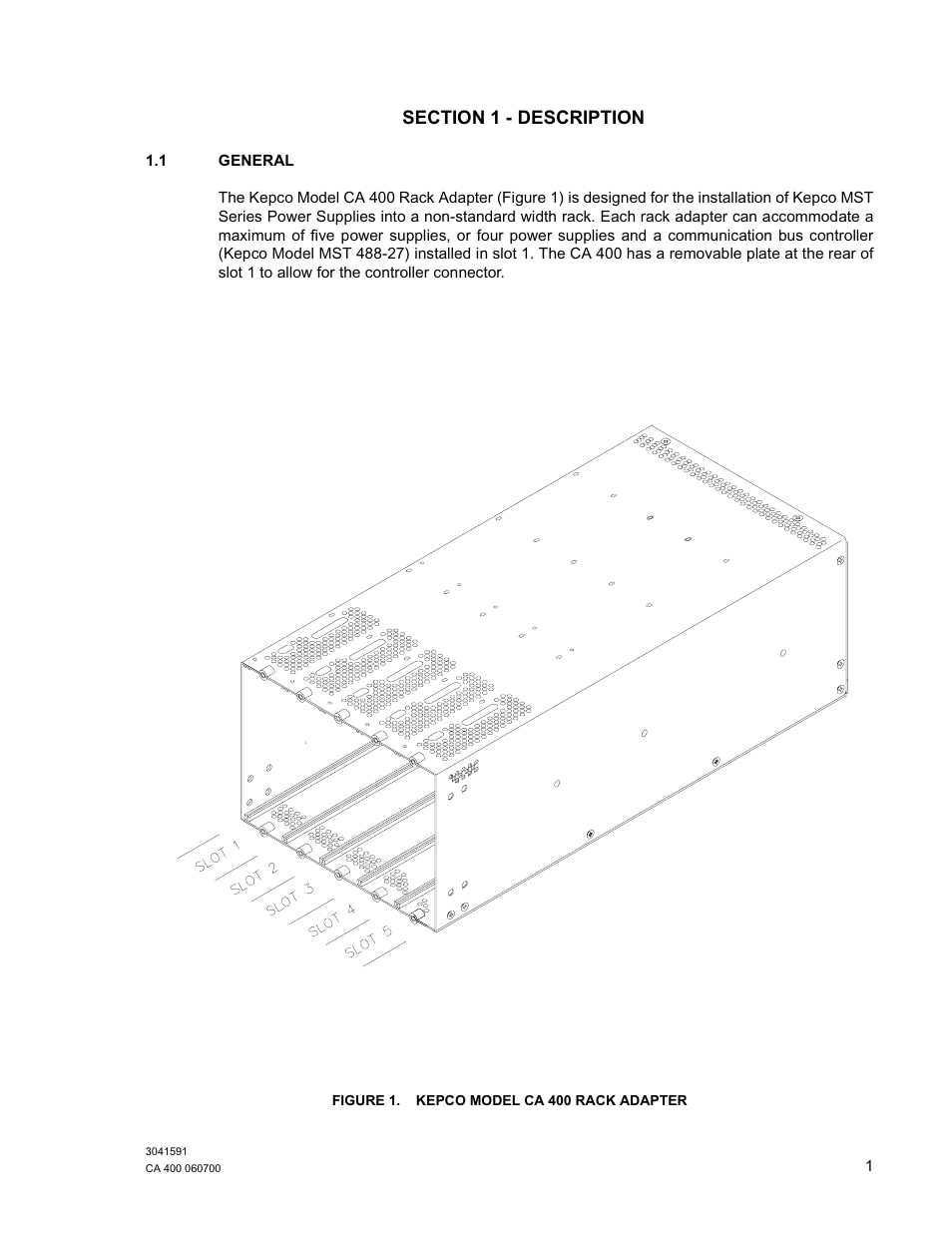 Section 1 - description, 1 general, Figure 1. kepco model ca 400 rack adapter | General, Kepco model ca 400 rack adapter | KEPCO CA 400 User Manual | Page 6 / 13