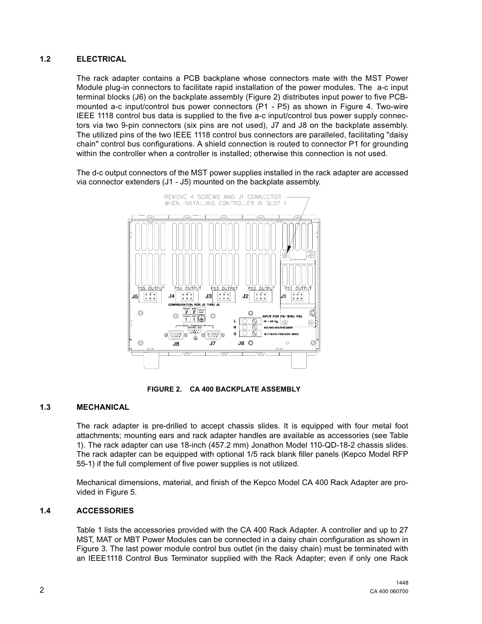 2 electrical, Figure 2. ca 400 backplate assembly, 3 mechanical | 4 accessories, Electrical, Mechanical, Accessories, Ca 400 backplate assembly | KEPCO CA 400 User Manual | Page 7 / 13