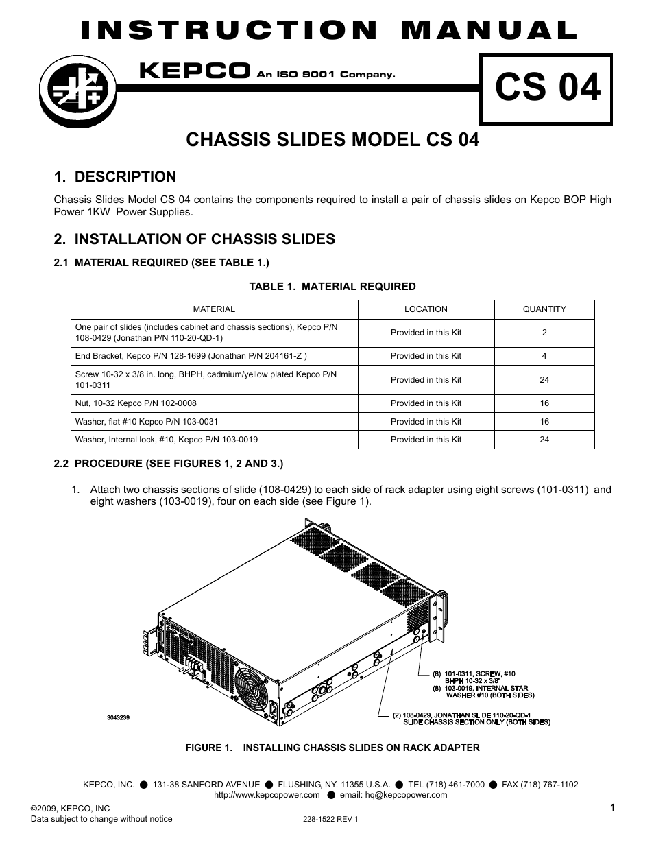 KEPCO CS 04 Chassis Slides (for BOP 1KW) User Manual | 2 pages
