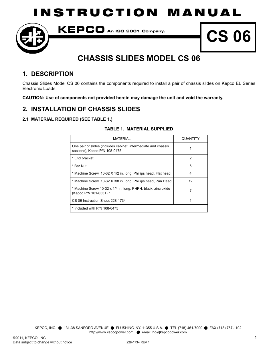 KEPCO CS 06 Chassis Slides (for EL Series Electronic Load) User Manual | 4 pages