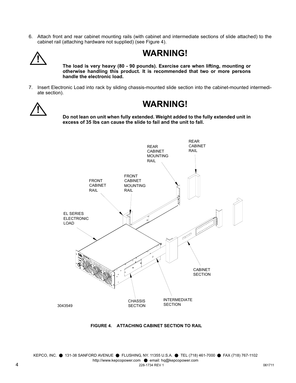 Figure 4. attaching cabinet section to rail, Warning | KEPCO CS 06 Chassis Slides (for EL Series Electronic Load) User Manual | Page 4 / 4