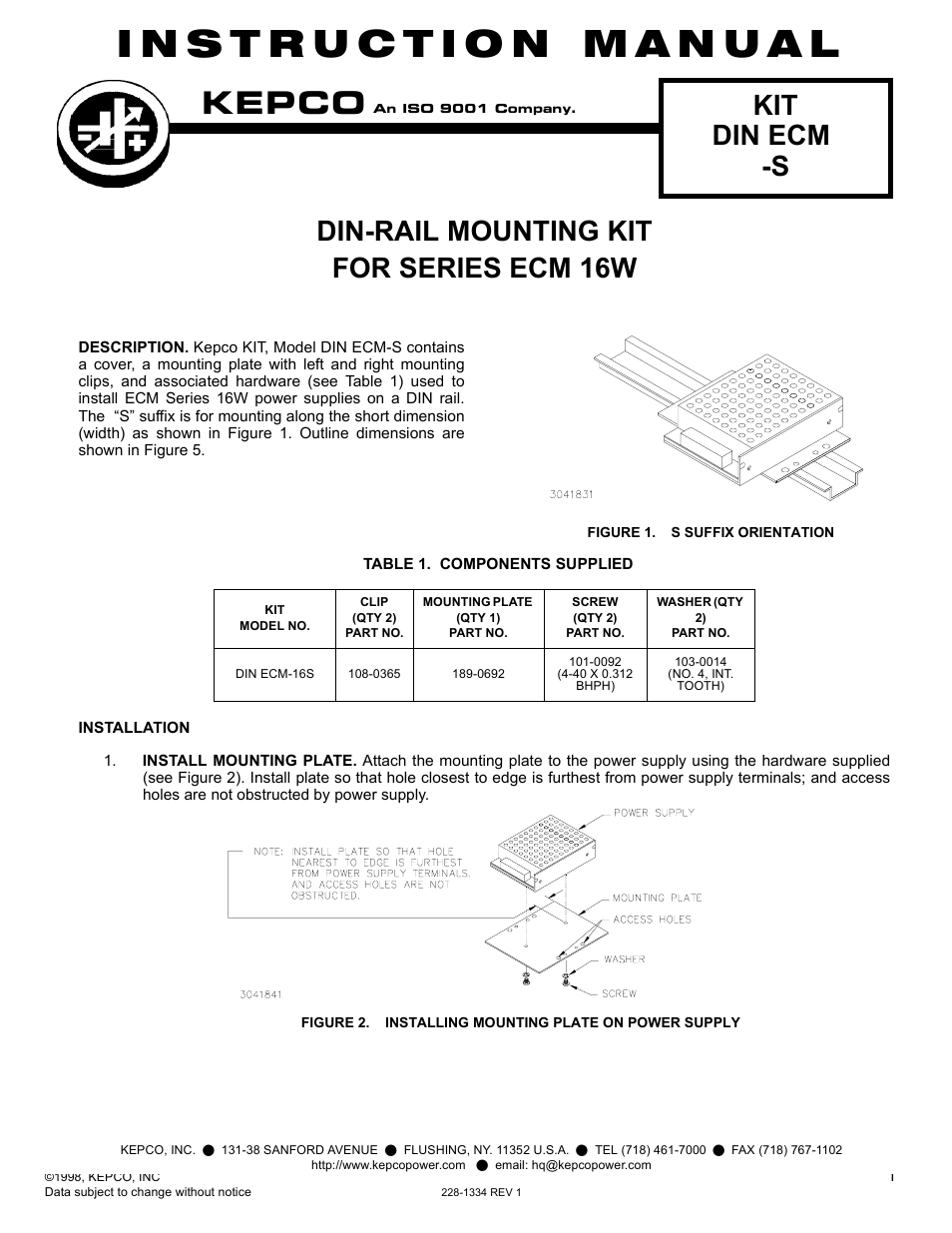 KEPCO DIN KIT ECM (S) User Manual | 2 pages