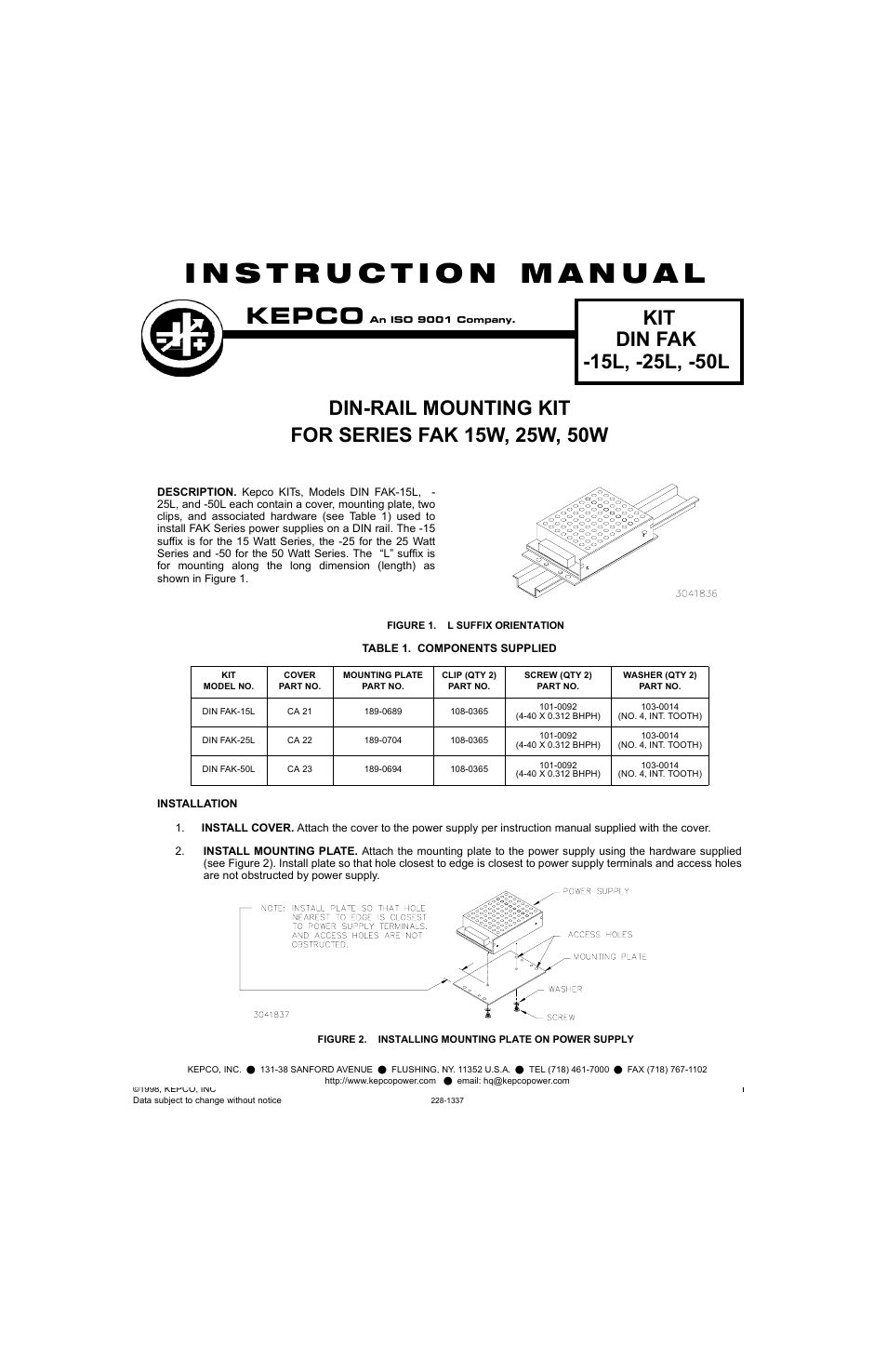 KEPCO DIN KIT FAK-50 (L) User Manual | 2 pages