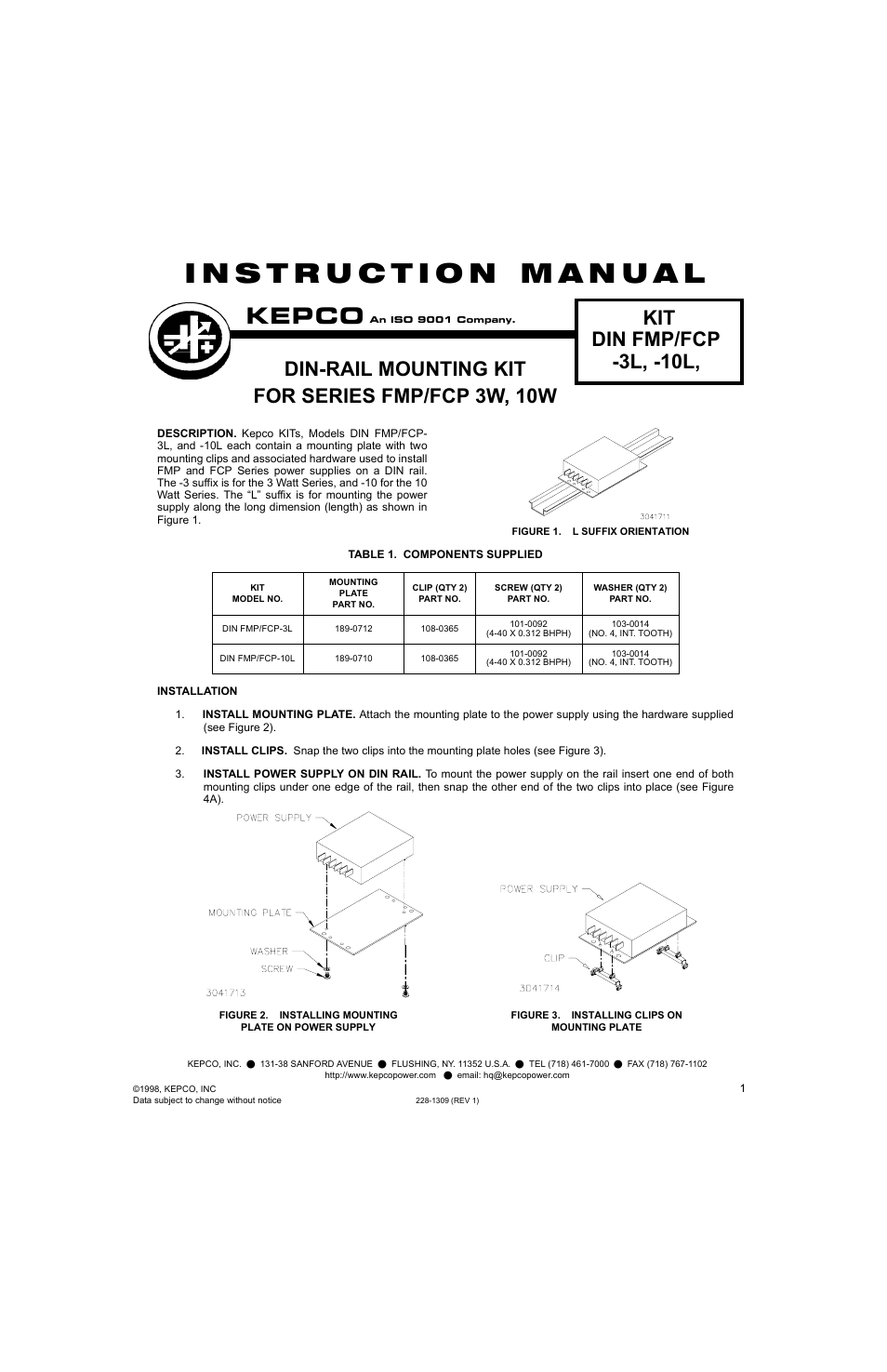 KEPCO DIN KIT FCP-10 (L) User Manual | 2 pages