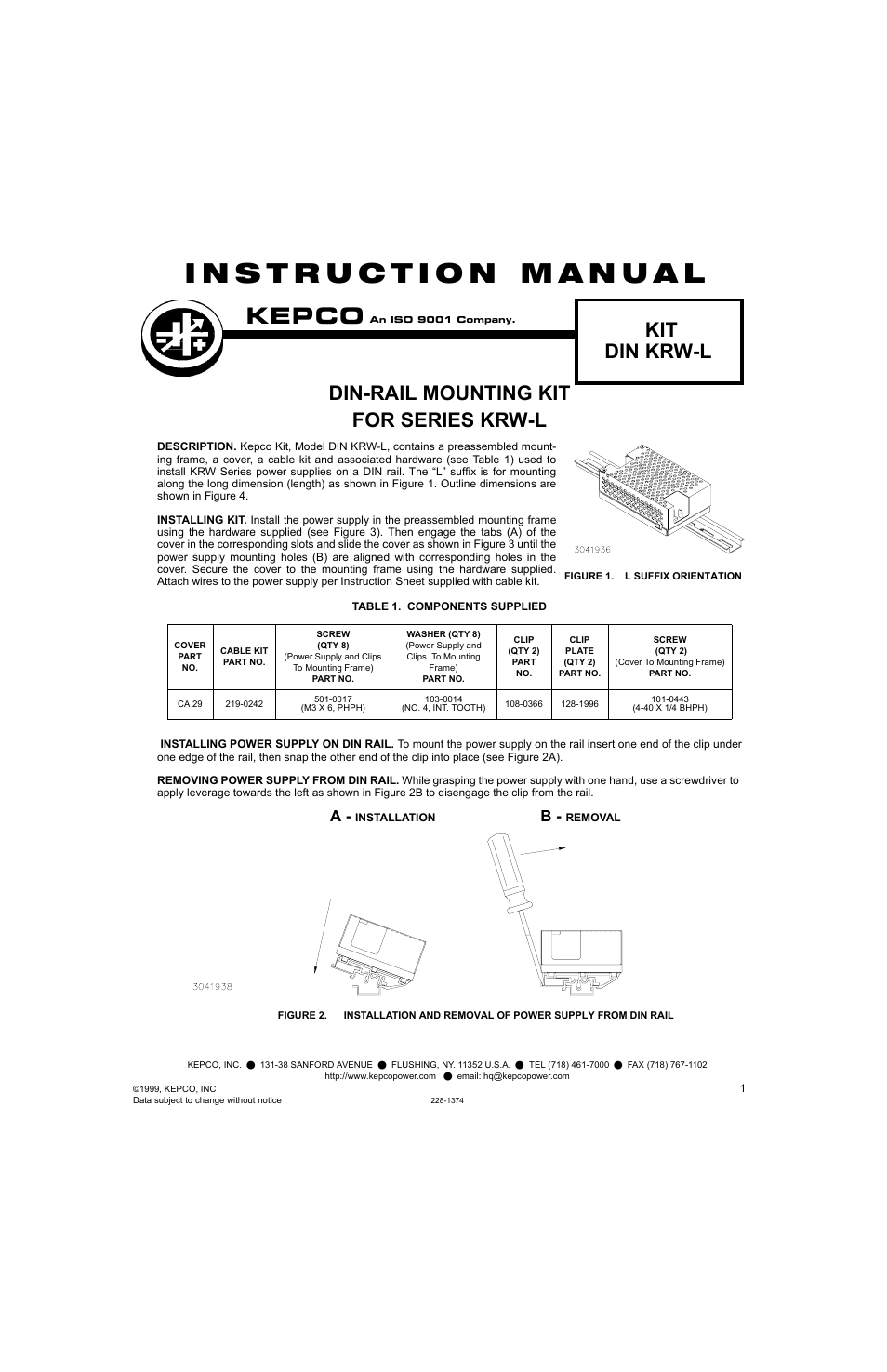 KEPCO DIN KIT KRW (L) User Manual | 2 pages