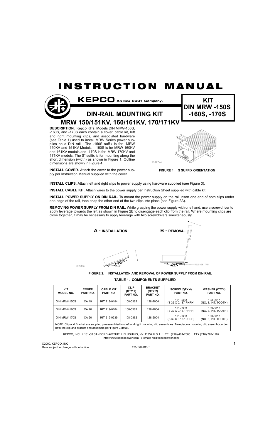 KEPCO DIN KIT MRW 170 (S) User Manual | 2 pages