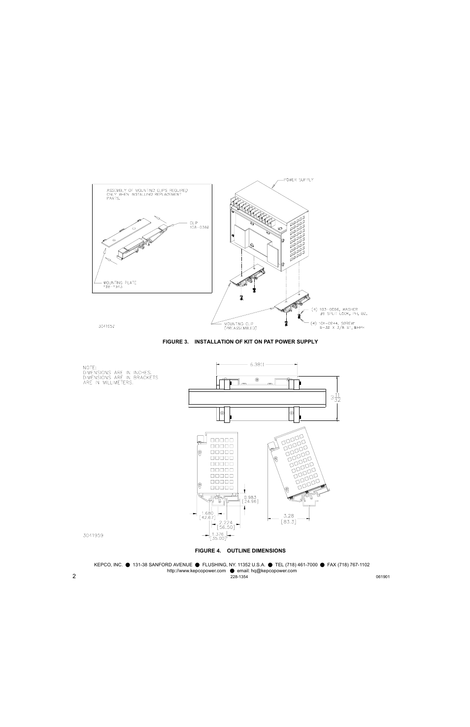 Figure 3. installation of kit on pat power supply, Figure 4. outline dimensions | KEPCO DIN KIT PAT (L) User Manual | Page 2 / 2