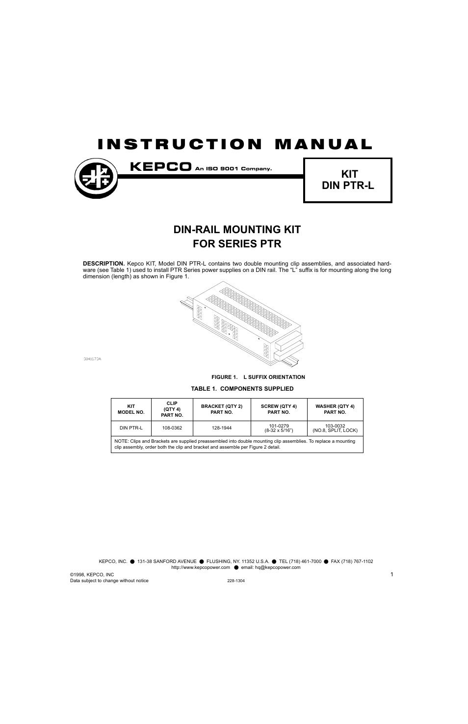 KEPCO DIN KIT PTR (L) User Manual | 2 pages