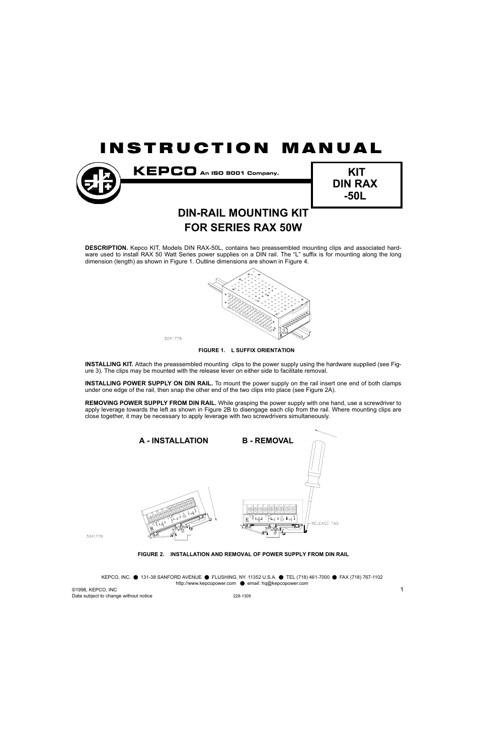KEPCO DIN KIT RAX-50 (L) User Manual | 2 pages