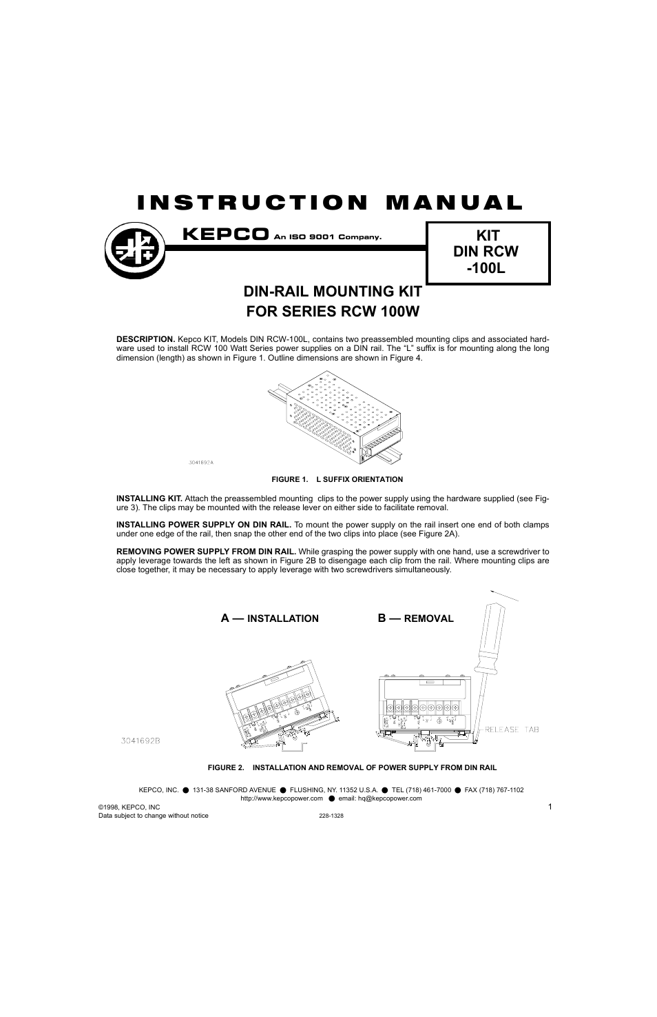 KEPCO DIN KIT RCW-100 (L) User Manual | 2 pages