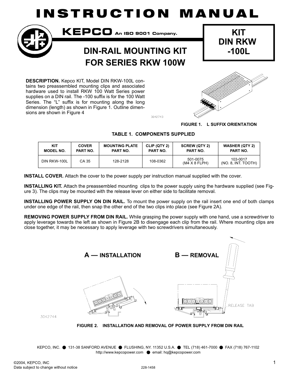 KEPCO DIN KIT RKW-100 (L) User Manual | 2 pages