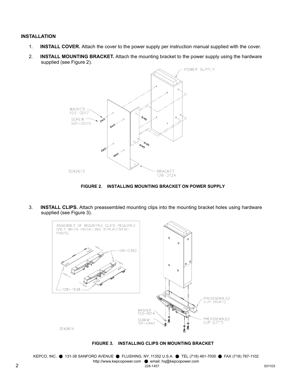 Figure 3. installing clips on mounting bracket | KEPCO DIN KIT RKW-150 (P) User Manual | Page 2 / 4